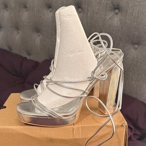 Elegant Silver Strappy Block Heels